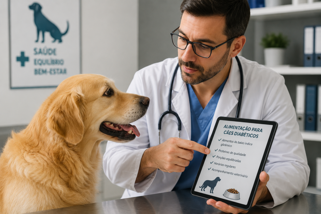 Veterinário orientando a alimentação de um cachorro diabético