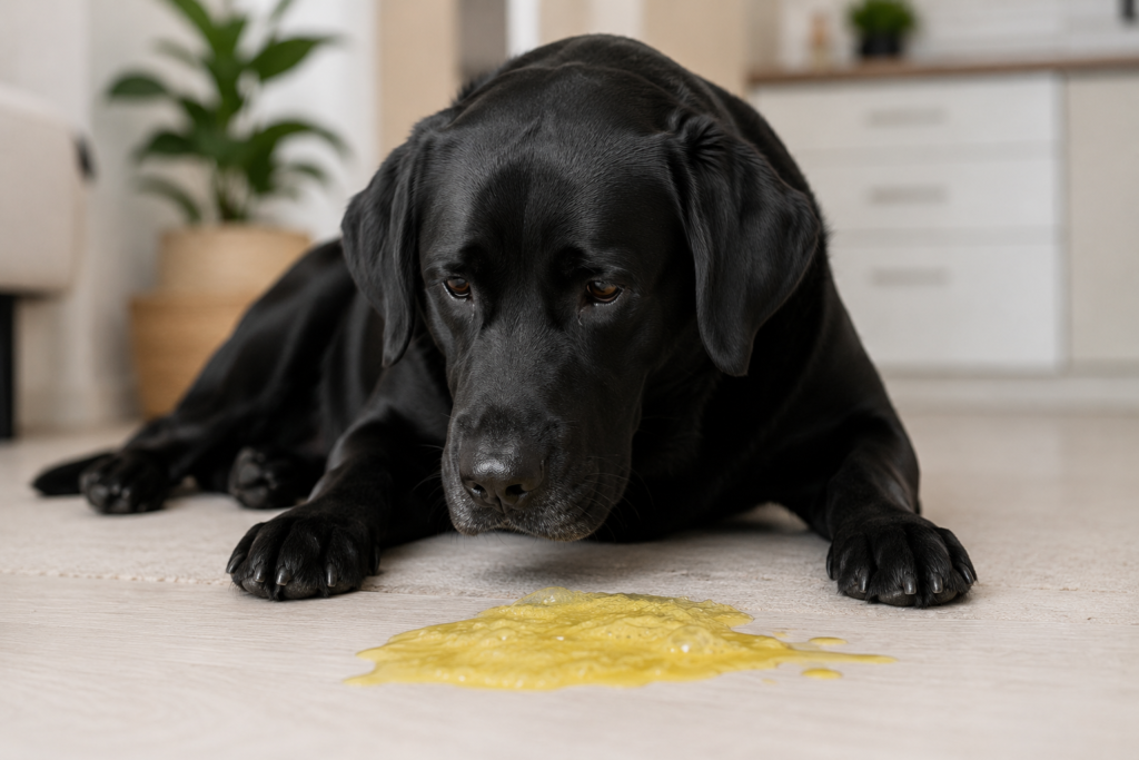 Cachorro vomitando amarelo devido à presença de bile no estômago