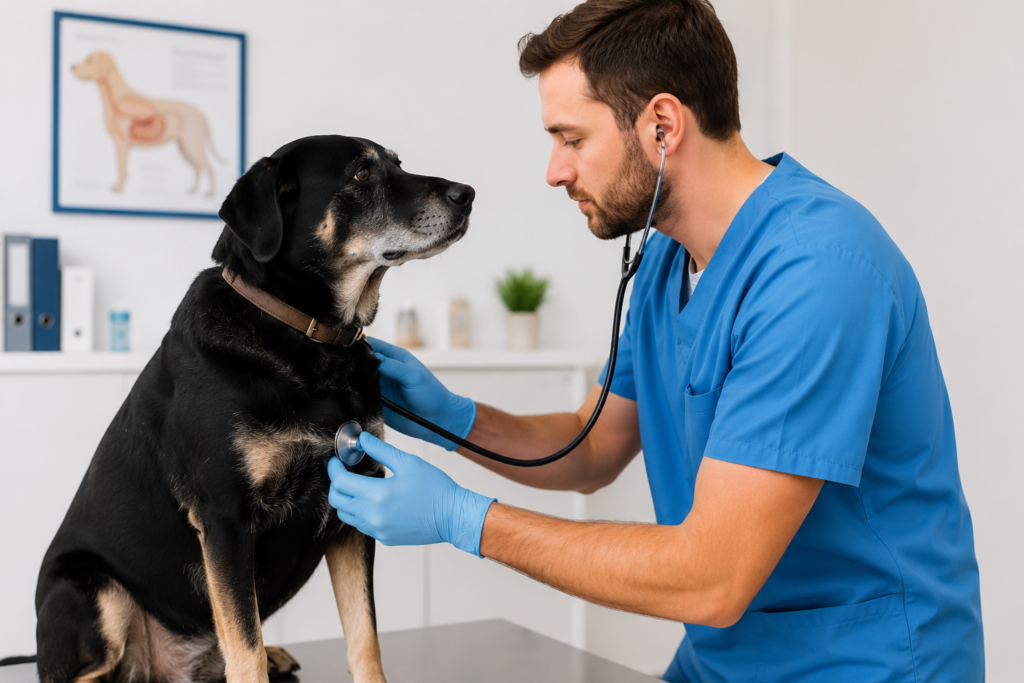 Veterinário avaliando cachorro com vômito amarelo durante consulta
