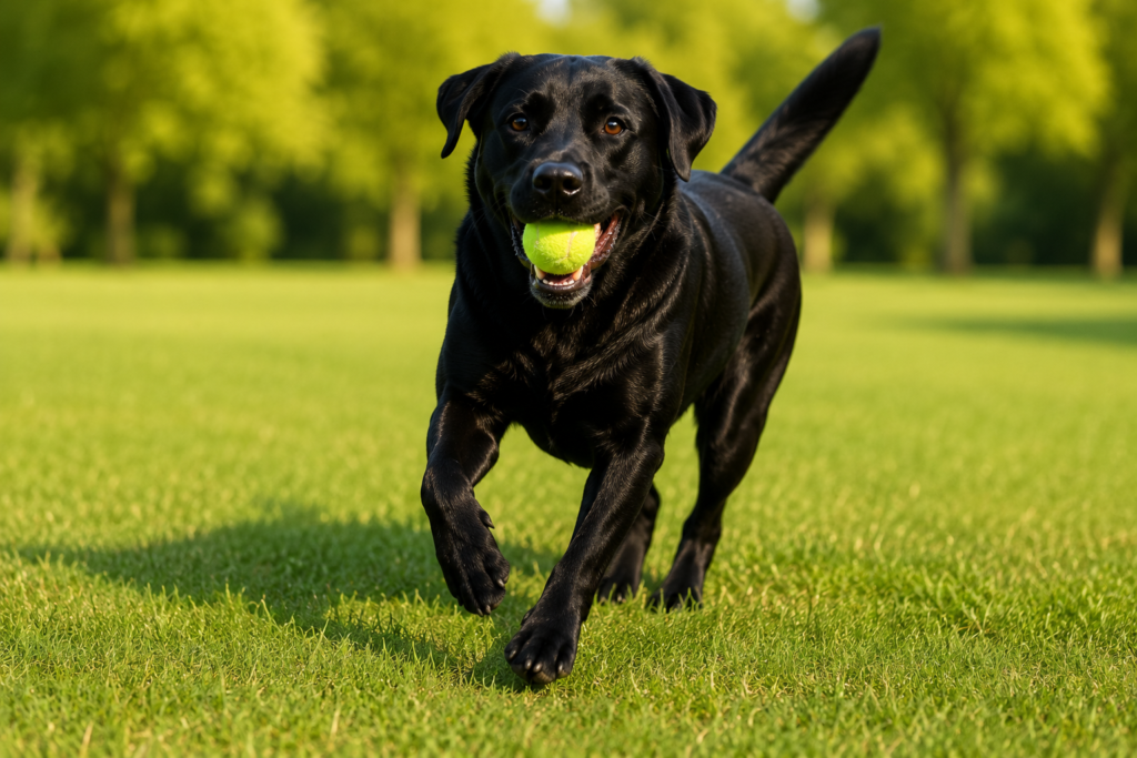 Cachorro saudável brincando com bola após ajuste da alimentação