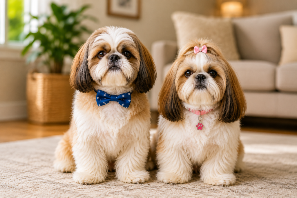 Shih Tzu macho e fêmea lado a lado para comparação