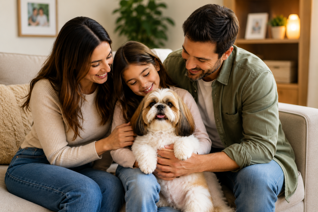 Família escolhendo entre Shih Tzu macho ou fêmea