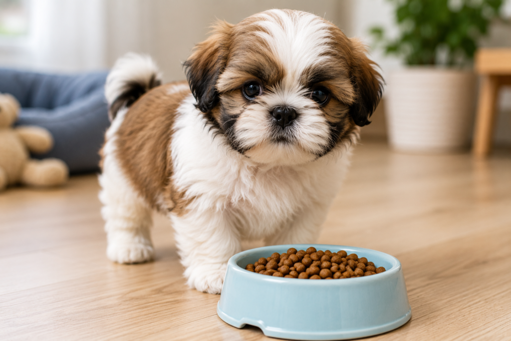 Filhote de Shih Tzu recebendo alimentação adequada para crescimento saudável