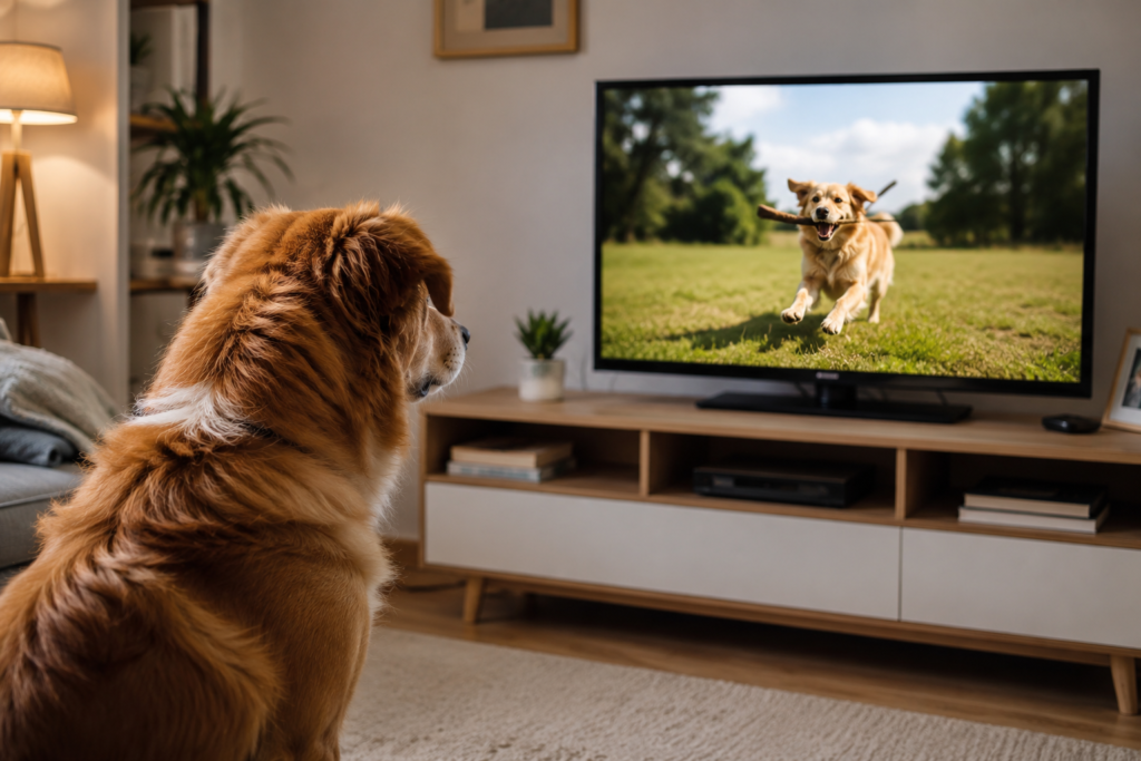 Cachorro observando outros cães brincando na televisão cachorros entendem televisão