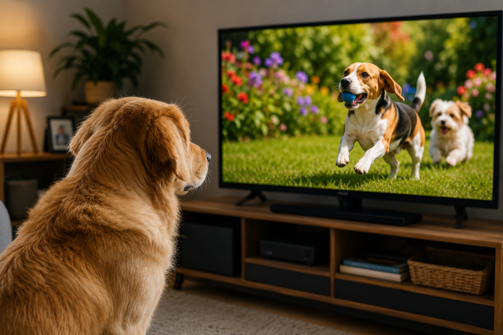 Cachorro observando outros cães brincando na televisão