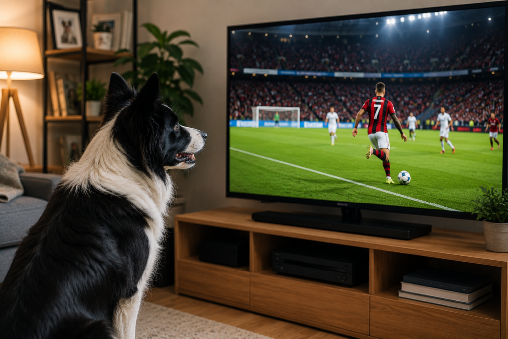 Border Collie assistindo partida de futebol na televisão cachorros entendem o que aparece na televisão