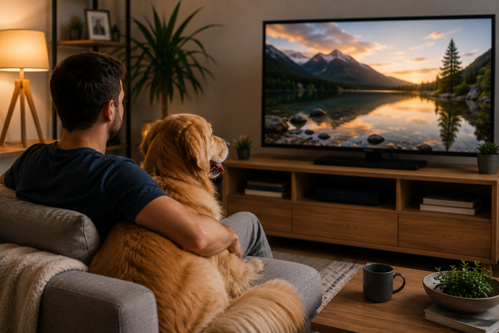 Tutor e cachorro assistindo televisão juntos no sofá cachorros entendem televisão