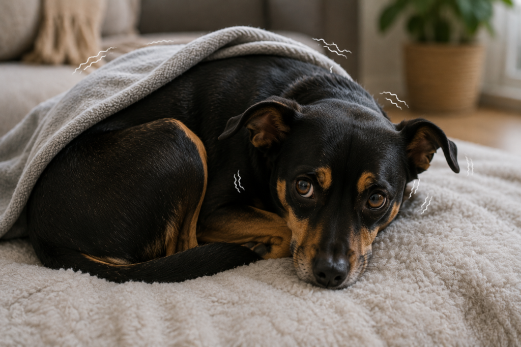 Cachorro tremendo enrolado em uma manta dentro de casa durante o frio