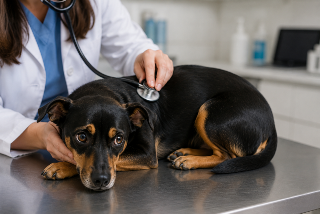 Cachorro tremendo sendo examinado por veterinário em uma clínica