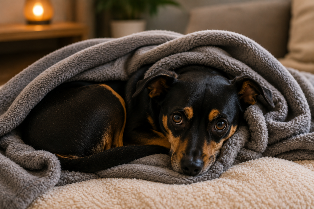 Cachorro aquecido por uma manta durante o frio. A baixa temperatura é uma das causas mais comuns de tremores em cães.