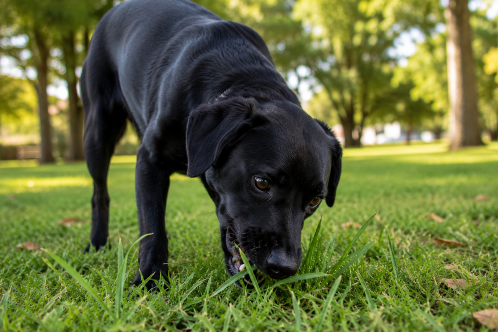 Cachorro preto comendo grama durante passeio em área verde