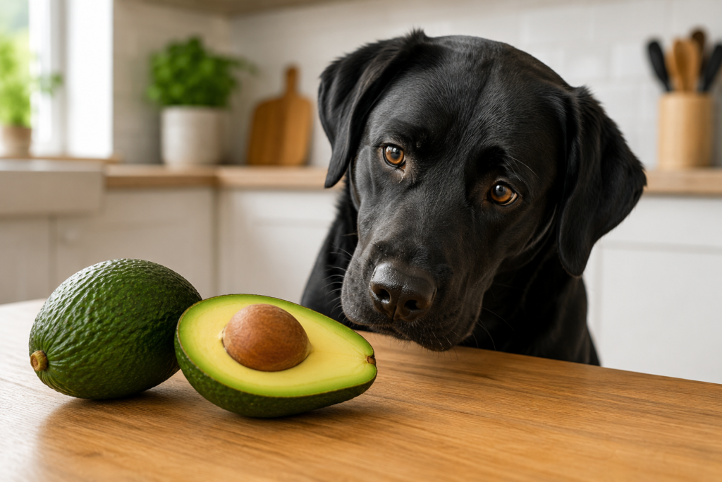 Cachorro observando um abacate enquanto tutor avalia se a fruta pode ser oferecida ao pet
