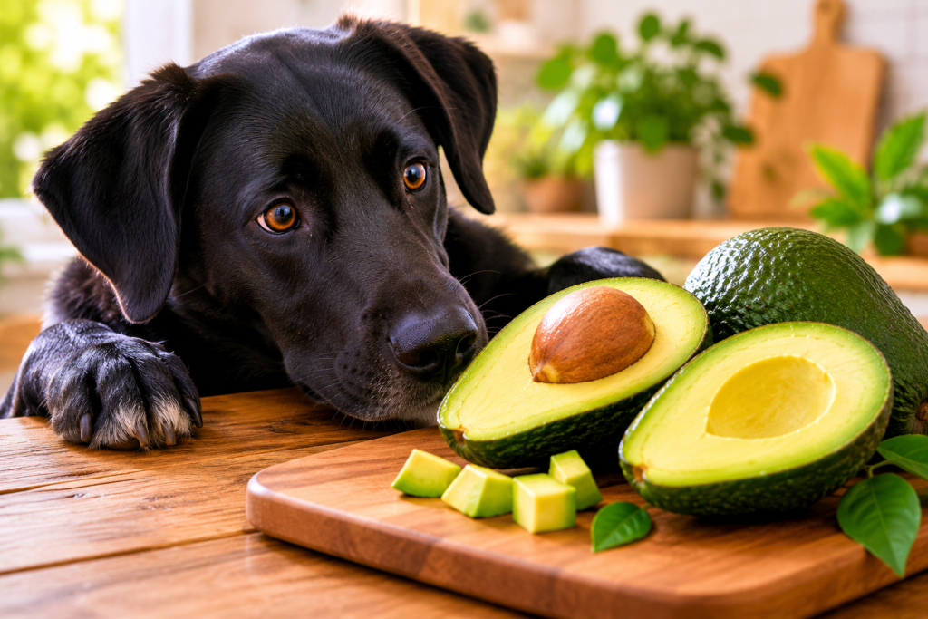 Cachorro observando caroço de abacate que pode representar risco de engasgo