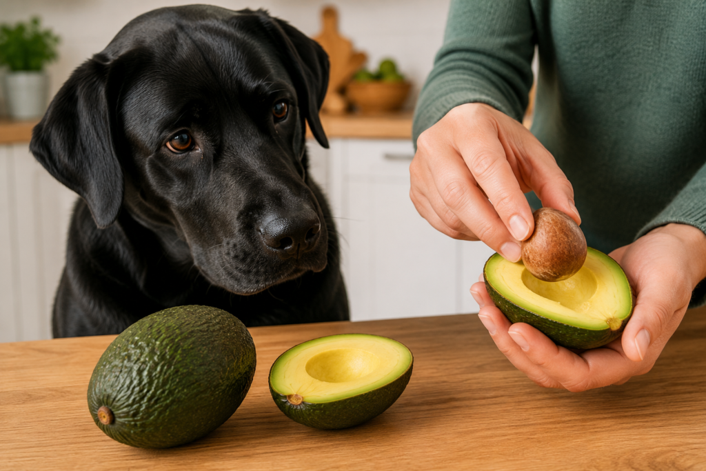 Cachorro observando caroço de abacate que pode causar engasgo e obstrução intestinal
