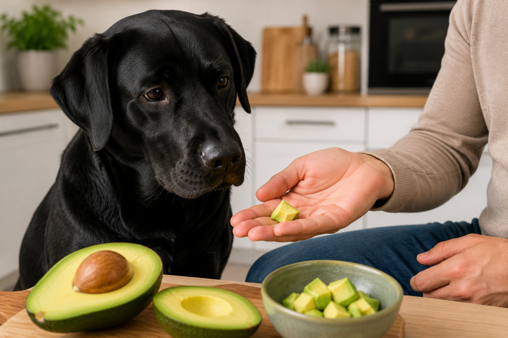 Tutor oferecendo pequena porção de polpa de abacate para cachorro de forma segura