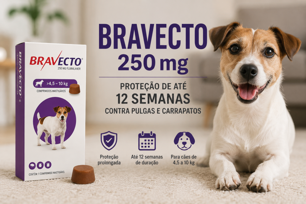 Cachorro de pequeno porte ao lado de imagem ilustrativa do Bravecto 250 mg para proteção contra pulgas e carrapatos.