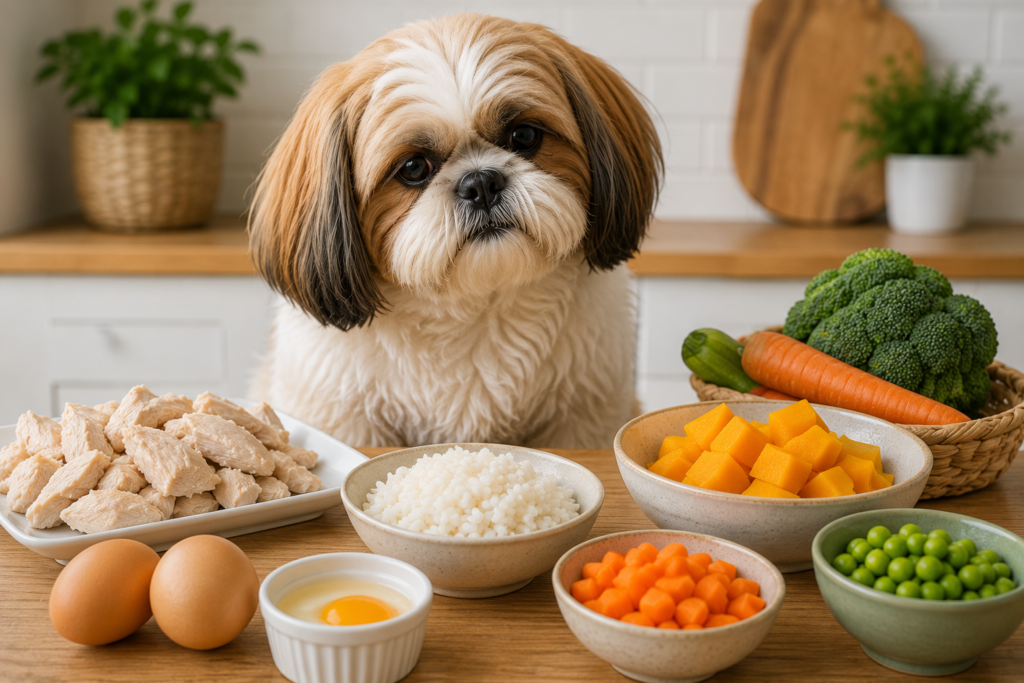 Shih Tzu pode comer comida caseira saudável com frango arroz e legumes
