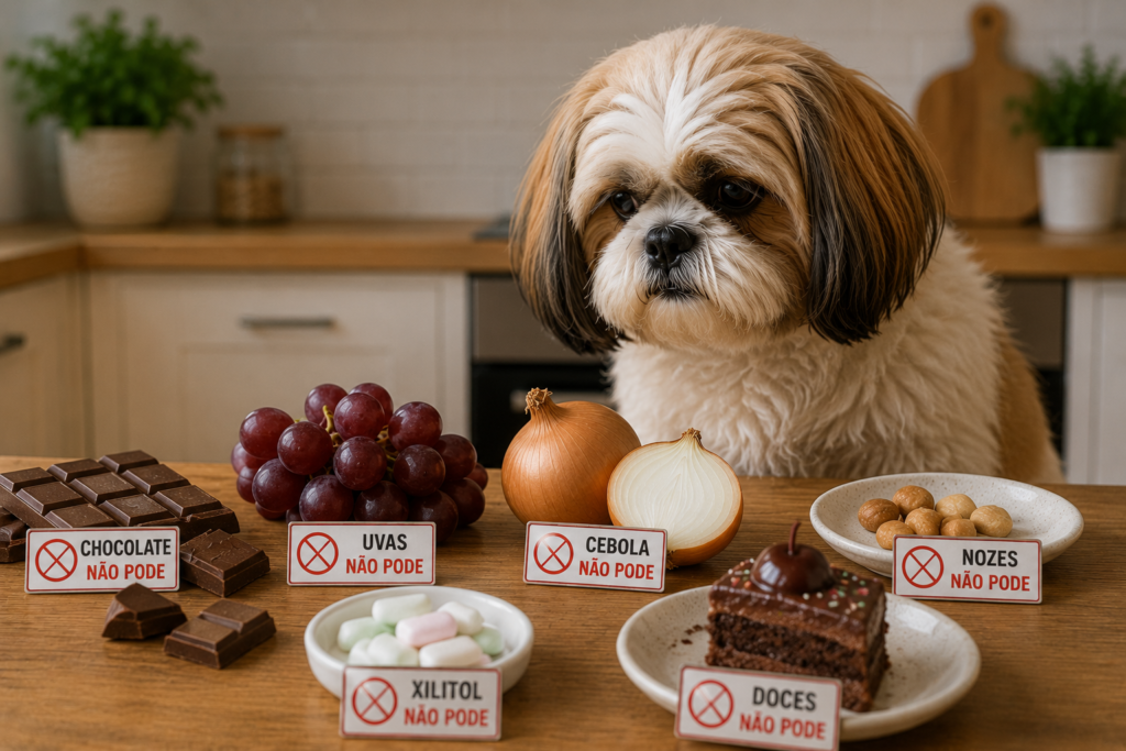 Alimentos proibidos para Shih Tzu como chocolate uvas cebola e doces
