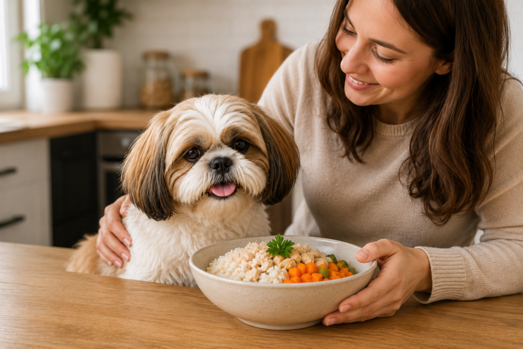 Shih Tzu feliz recebendo alimentação caseira equilibrada