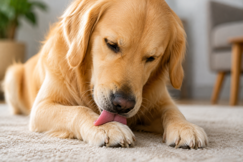 Cachorro lambendo as patas dentro de casa para aliviar coceira ou desconforto