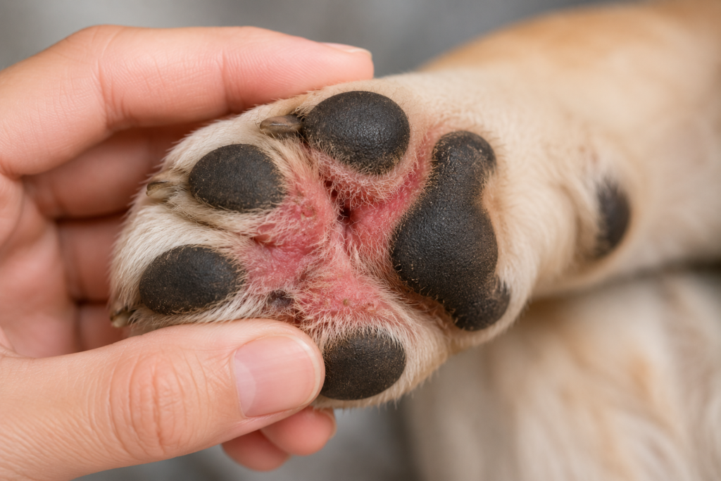 Pata de cachorro com vermelhidão e irritação causada por alergia ou problema de pele