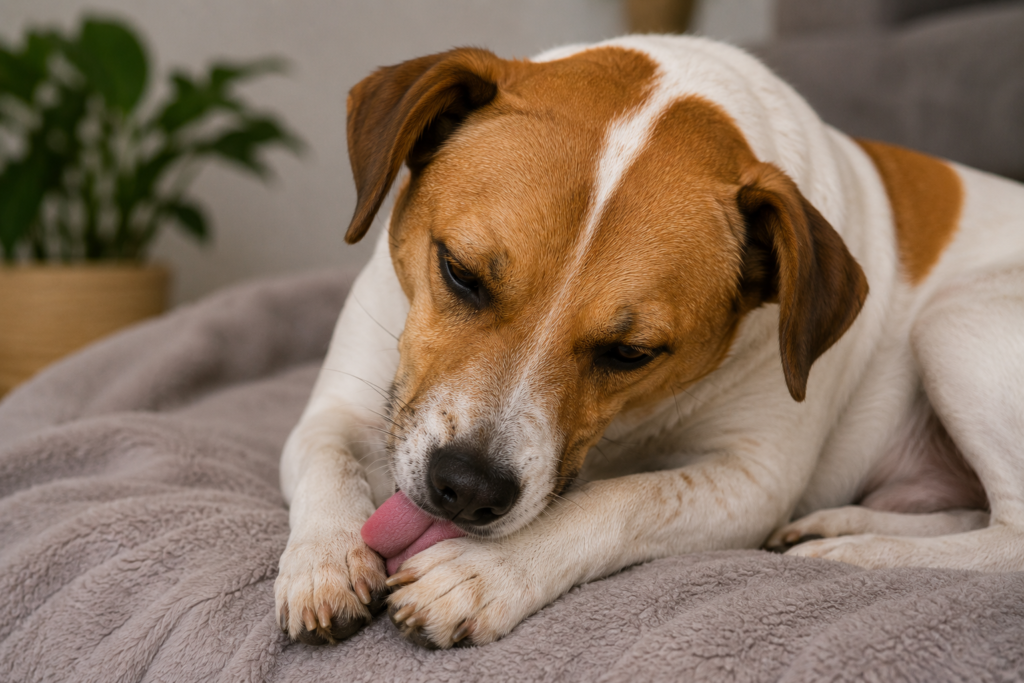 Cachorro lambendo as patas devido ao estresse ou ansiedade em ambiente doméstico