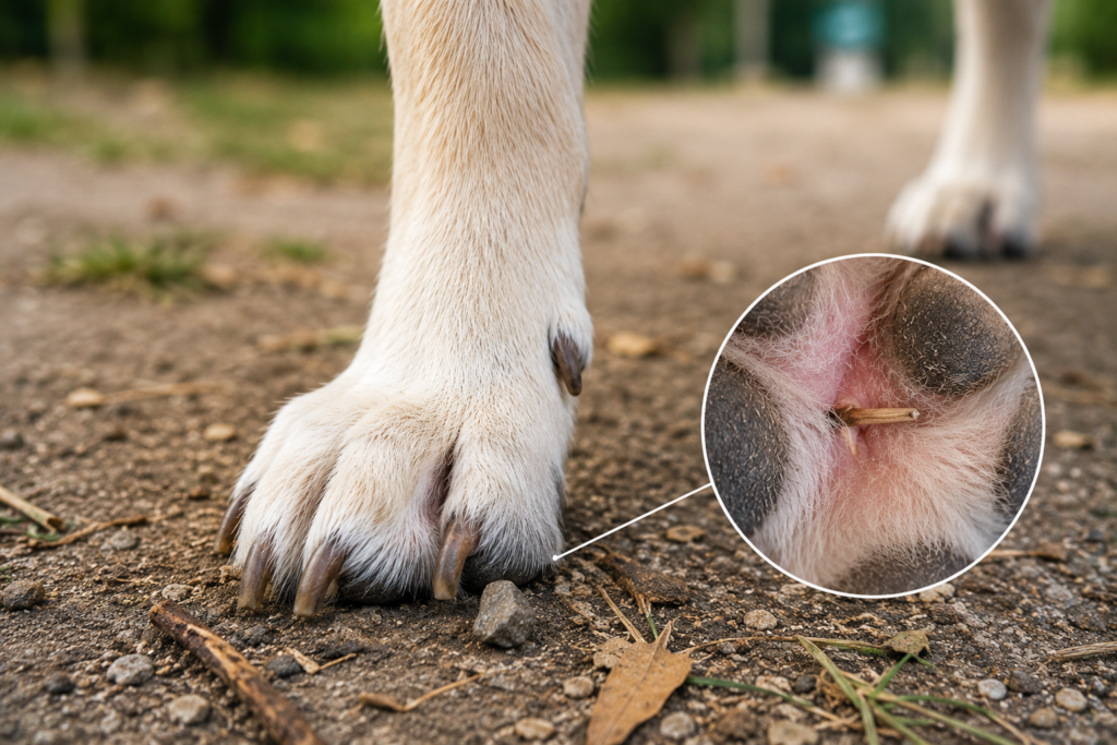 Objeto preso entre os dedos da pata do cachorro causando desconforto e lambedura