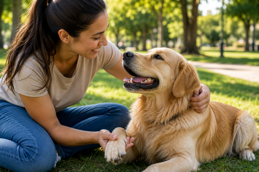 Tutor observando patas saudáveis do cachorro após cuidados e prevenção