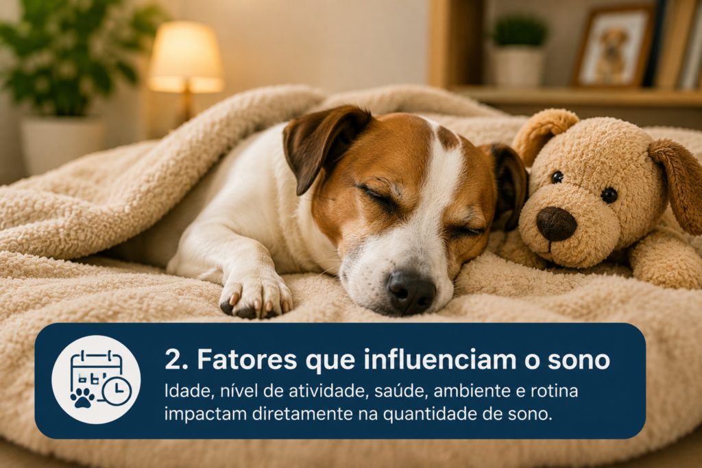 Cachorro descansando enquanto fatores como idade e rotina influenciam o sono