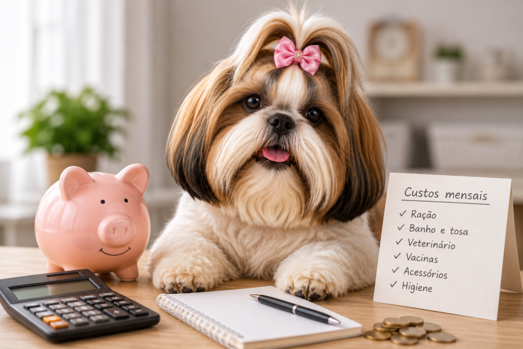 Shih Tzu ao lado de calculadora, cofrinho e lista de custos mensais, mostrando as principais despesas para criar um Shih Tzu com saúde e qualidade de vida.