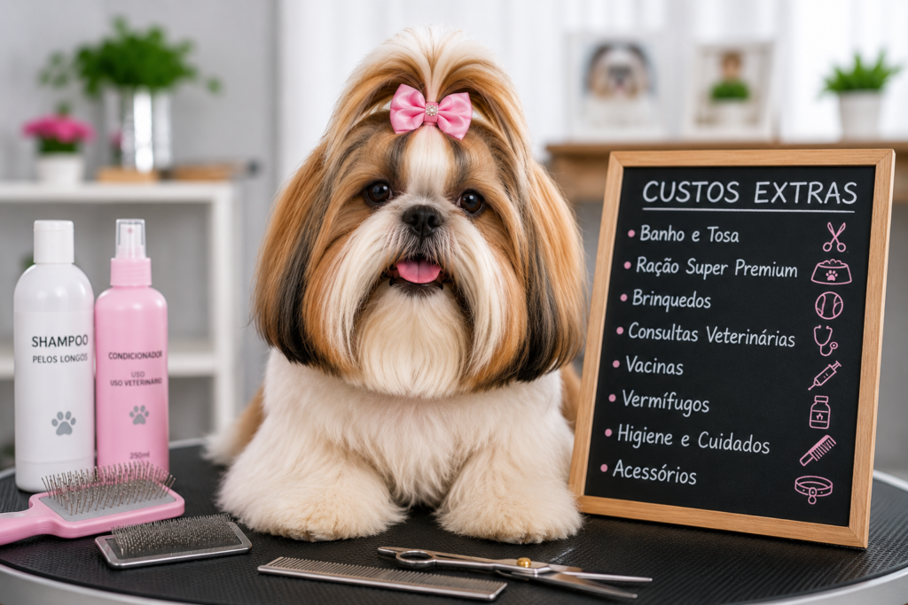 Shih Tzu em mesa de banho e tosa cercado por produtos de higiene e acessórios, ilustrando os custos extras para manter a saúde e a aparência da raça.
