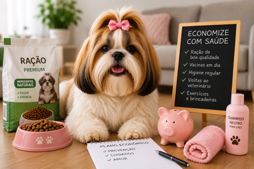 Shih Tzu com ração premium e produtos de higiene, mostrando como economizar sem comprometer a saúde e a qualidade de vida da raça.