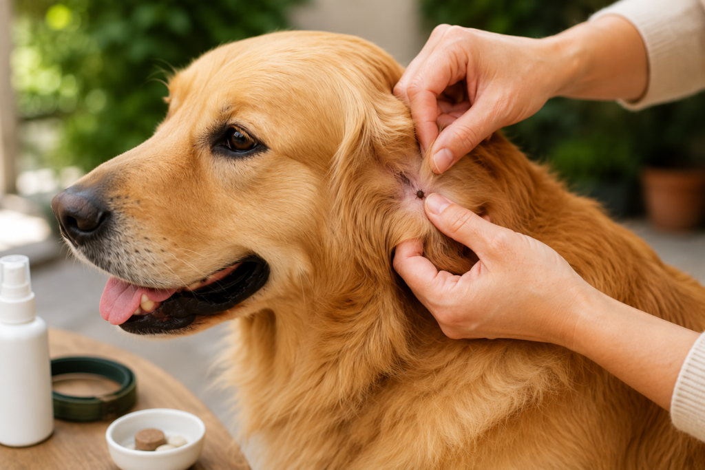 Tutor examinando um cachorro durante a inspeção de carrapatos na região da orelha.