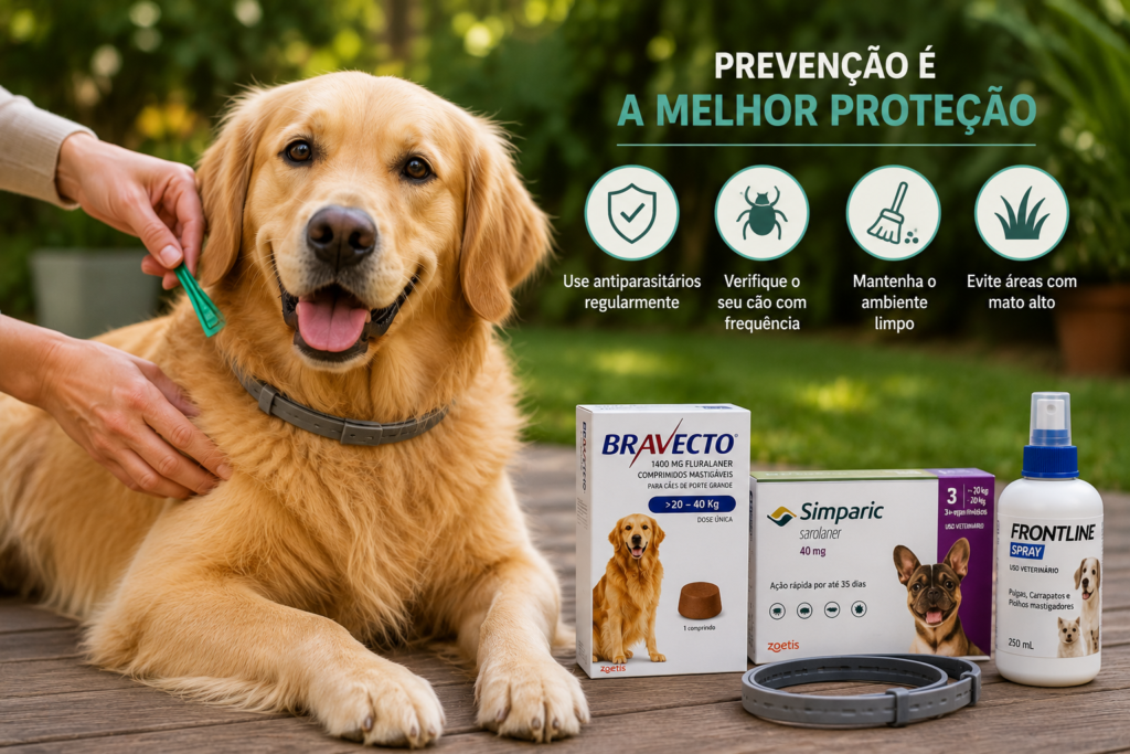 Cachorro usando proteção contra carrapatos ao lado de produtos antiparasitários, ilustrando as principais formas de prevenir infestações e doenças transmitidas por carrapatos.