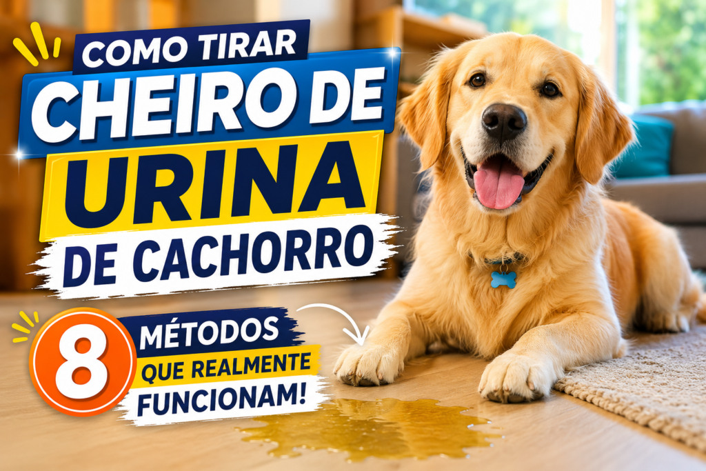 Cachorro em casa ao lado de urina no chão ilustrando como tirar cheiro de urina de cachorro