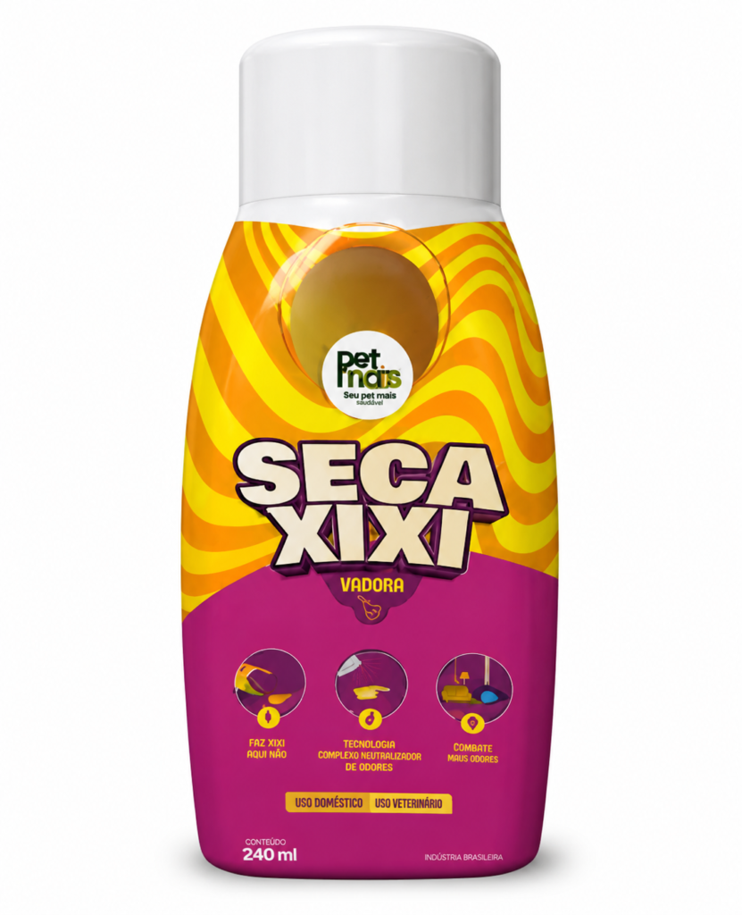 Frasco do Seca Xixi utilizado para eliminar o cheiro de urina de cachorro em ambientes internos