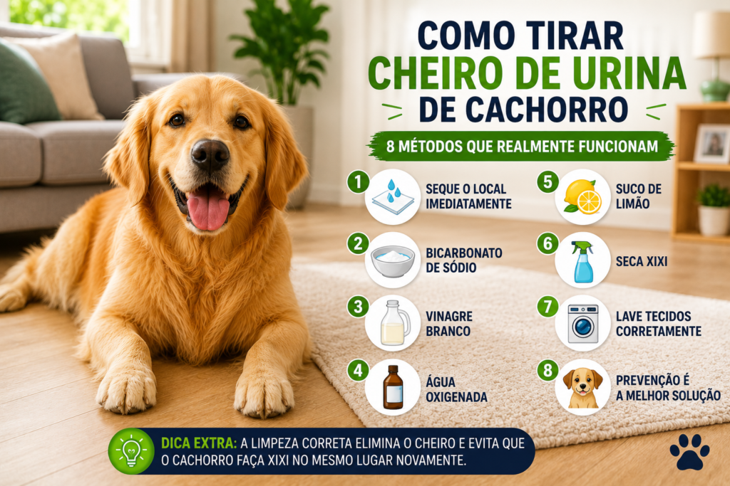 Infográfico com métodos para eliminar o cheiro de urina de cachorro e evitar que o pet faça xixi no mesmo lugar novamente