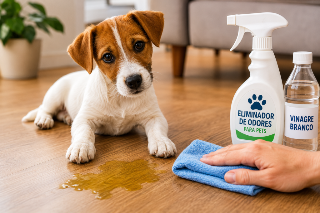Cachorro em ambiente limpo ao lado de eliminador de odores para remover cheiro de urina de cachorro