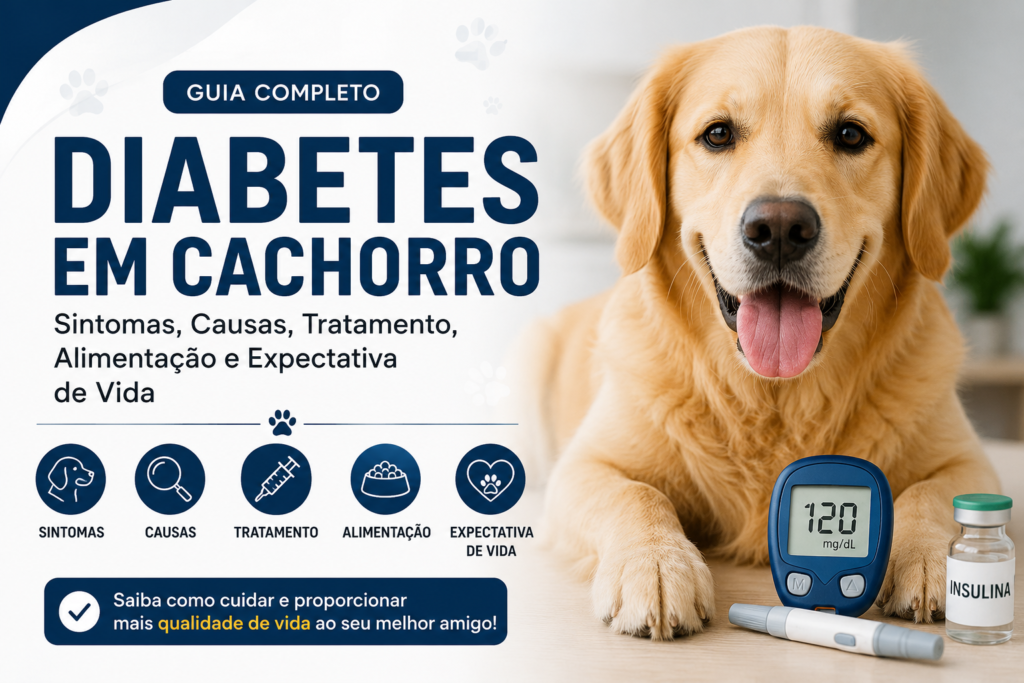 Cachorro com diabetes ao lado de medidor de glicose e insulina.
