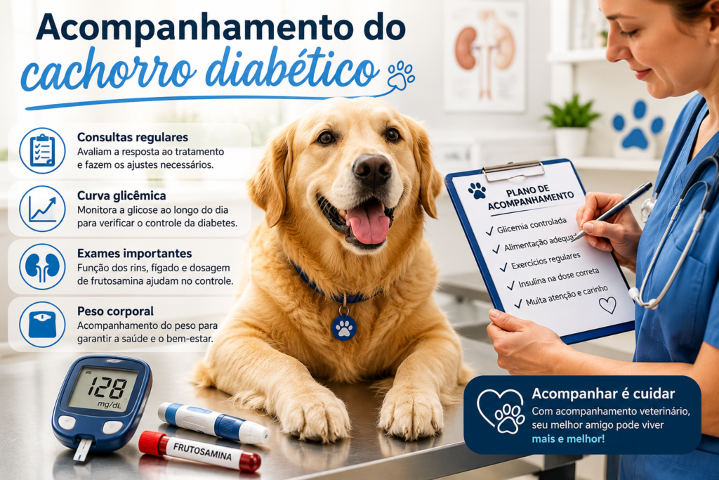 Médico-veterinário acompanhando um cachorro com diabetes durante consulta para monitorar a glicemia e ajustar o tratamento.