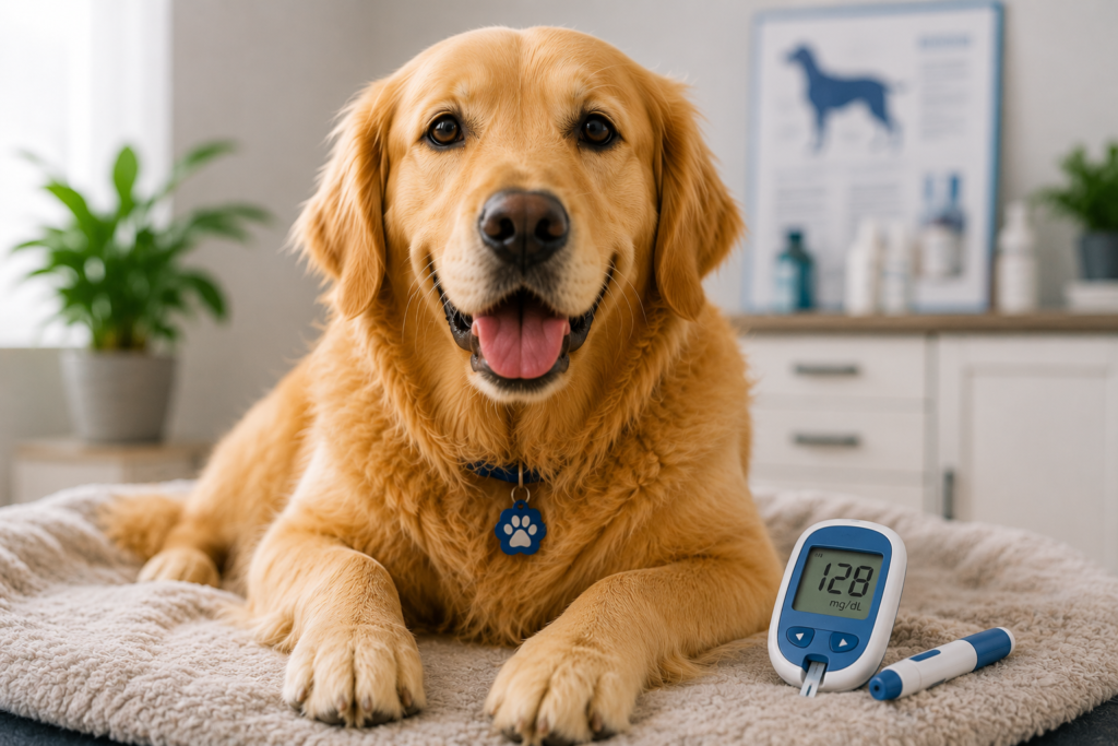 Cachorro com diabetes durante acompanhamento veterinário para diagnóstico e tratamento da doença.
