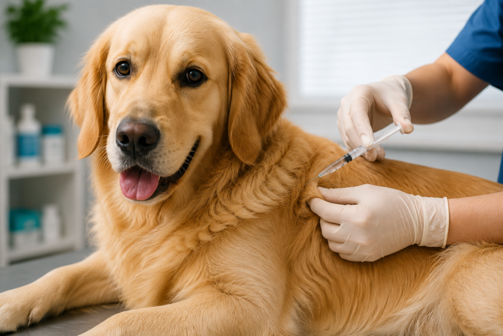 Veterinário aplicando insulina em cachorro durante o tratamento da diabetes canina.