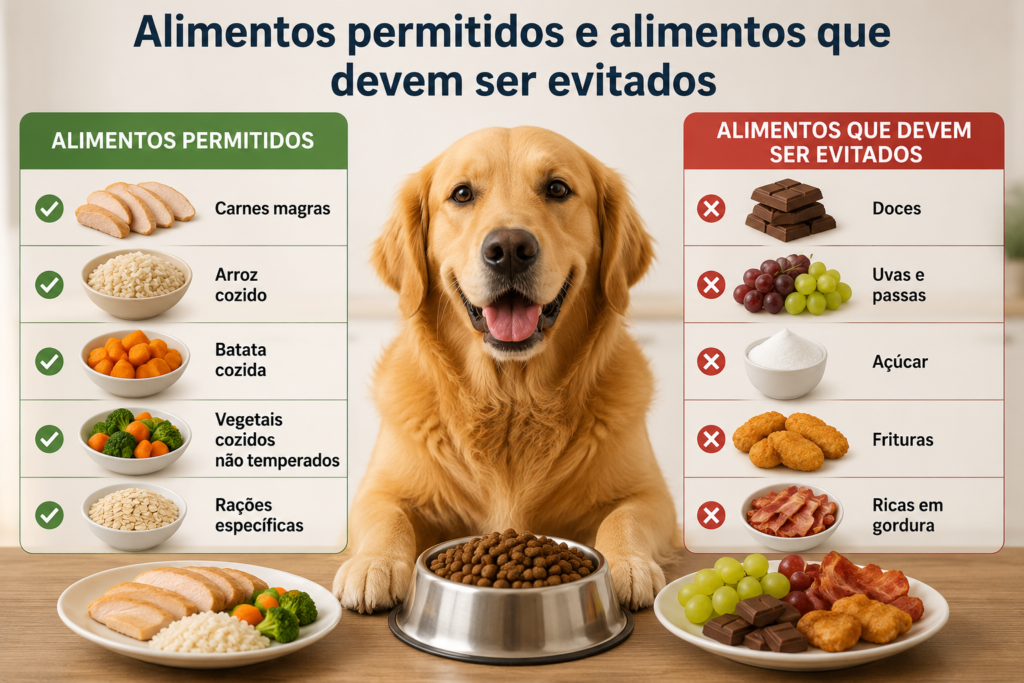 Alimentos permitidos e alimentos que devem ser evitados na alimentação de cachorro com diabetes.